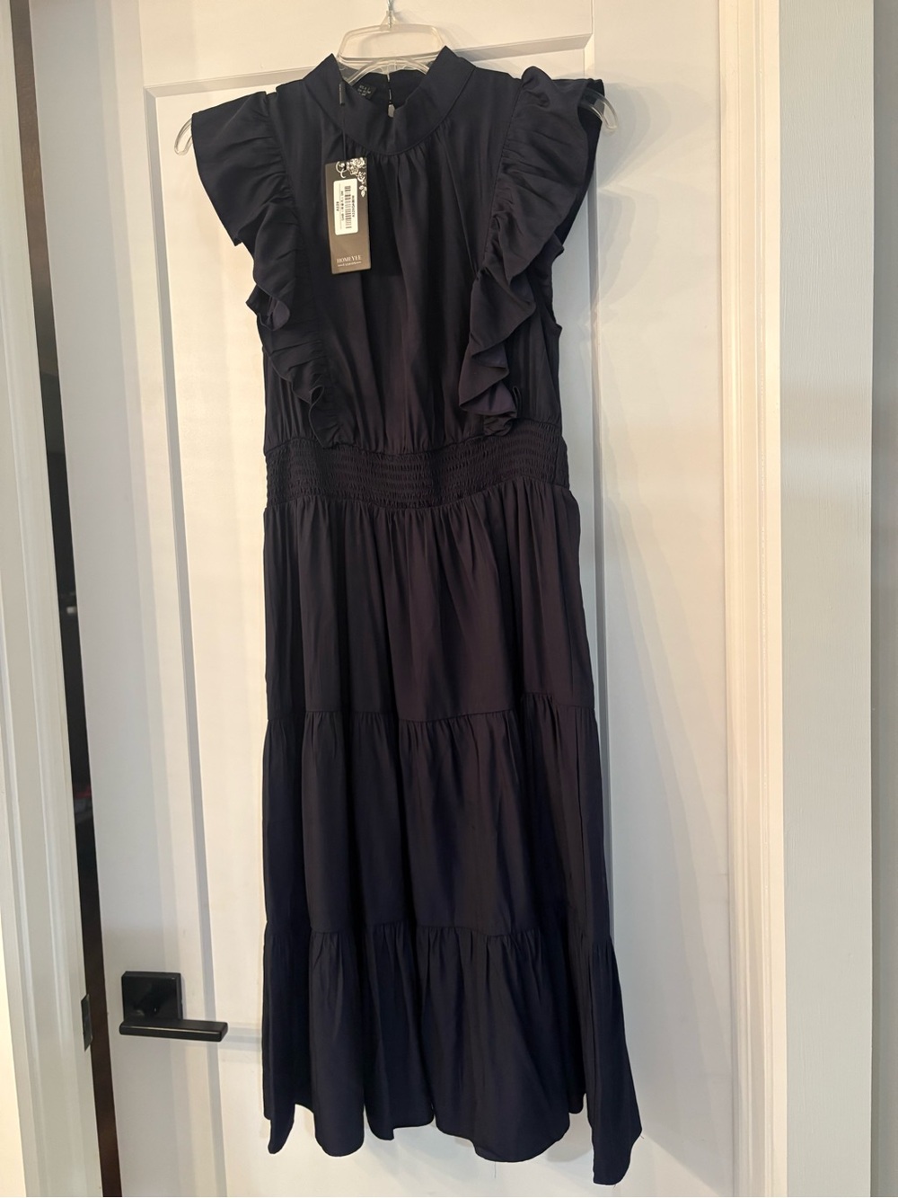 Women's Black Ruffle Sleeve Smocked Midi Dress